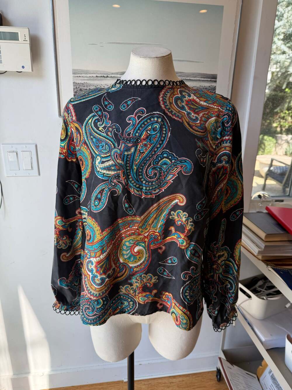 J.Crew 100% Silk Paisley Loop Trim Long Sleeve Blouse Size 8